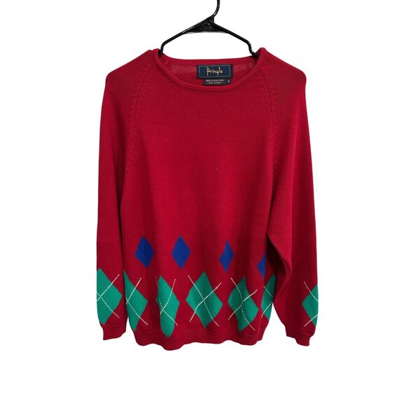 Vintage Pringle Argyle Crewneck Pullover Sweater Red Green Sz Small Knitwear - Picture 1 of 10
